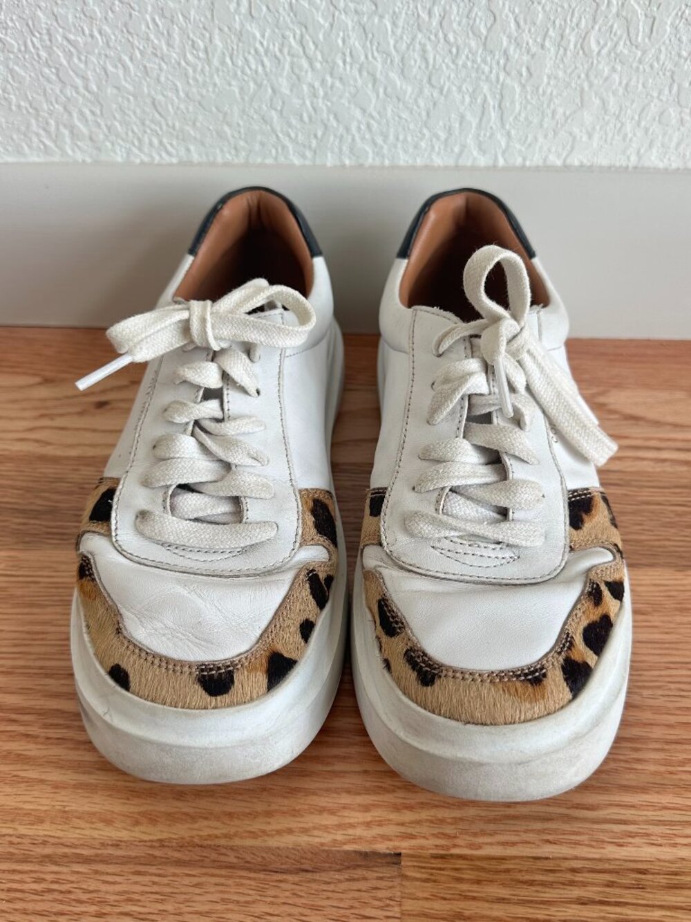 Cole Haan Leather and Calf Hair Leopard Print Sneakers, White/Black/Brown, 7.5